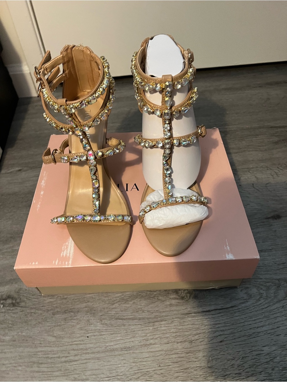 Size 7.5 Shyla Embellished Tan Gladiator Dress Sandals with Crystal Straps, NWB